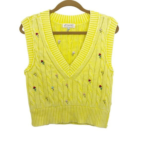 Free People Plumeria Floral Sweater Vest Cable Knit Embroidered Yellow - Size XS - Picture 1 of 5